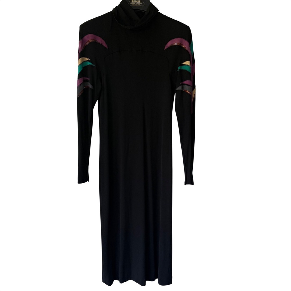 VTG Designer JAYNA New York Black Midi Dress Colorblock Appliqué Long Sleeve USA